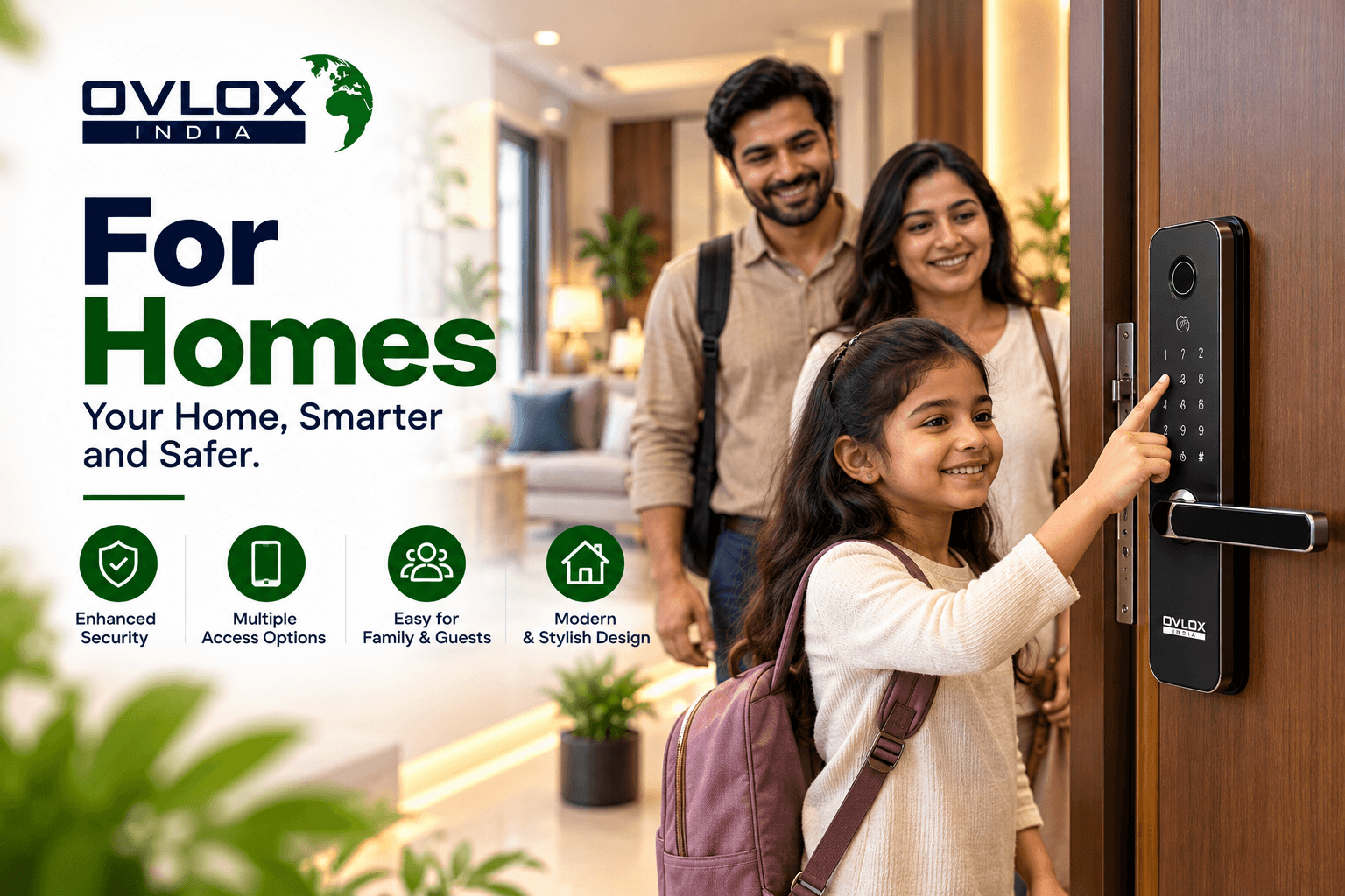 A family at their front door as a child presses the keypad of an Ovlox India smart lock, the living room behind them.