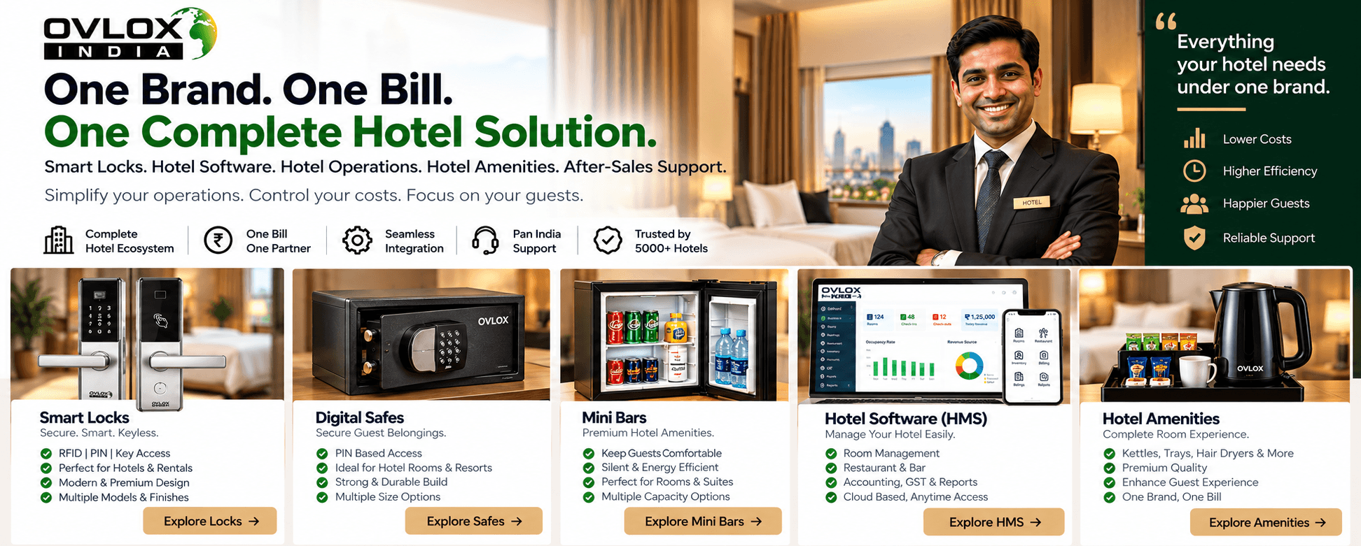 Ovlox India — One Brand. One Bill. One Complete Hotel Solution. Smart locks, hotel software, hotel operations, hotel amenities and after-sales support: smart locks, digital safes, mini bars, hotel software (HMS) and hotel amenities.