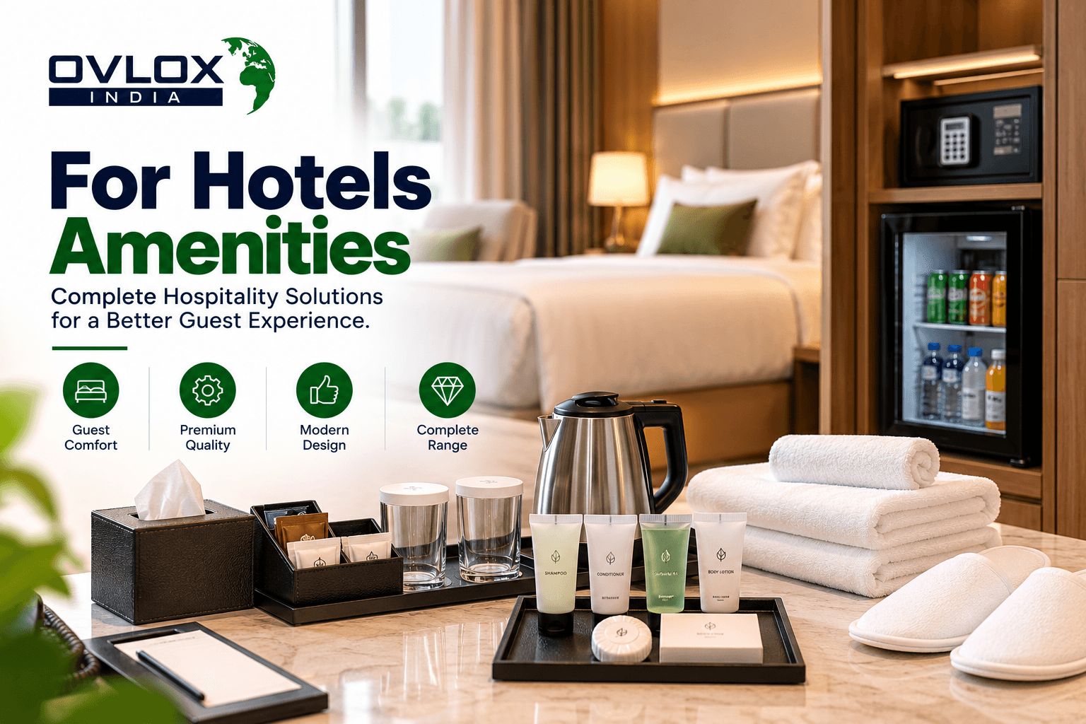 Ovlox India hotel amenities in a guest room: kettle, tea tray, toiletries, towels, slippers, an in-room safe and a mini bar.