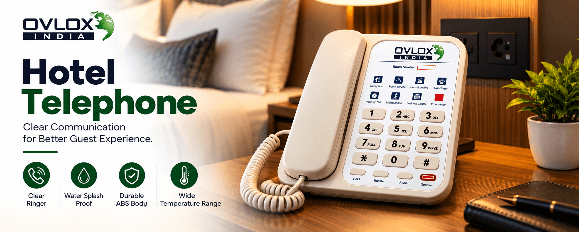 Ovlox India Hotel Telephone — Clear communication for a better guest experience: clear ringer, water splash proof, durable ABS body, wide temperature range.