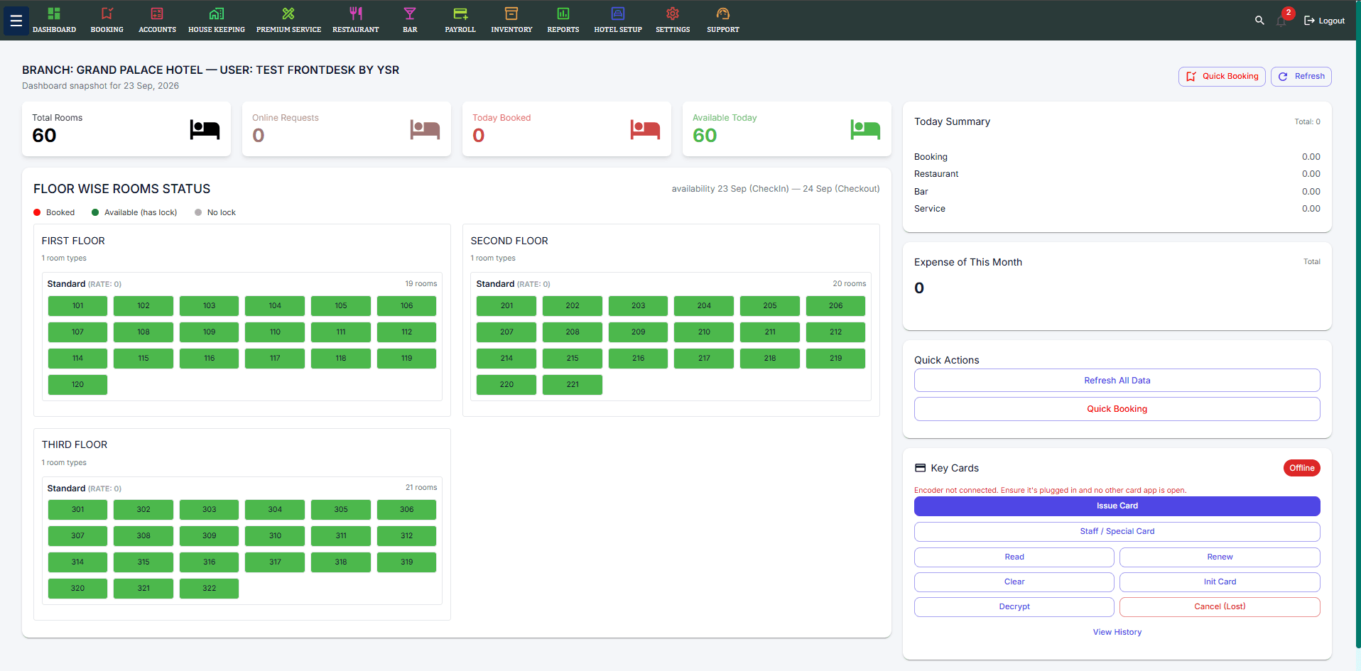 The Ovlox HMS dashboard, showing floor-wise room status, today's summary and the key-card panel.