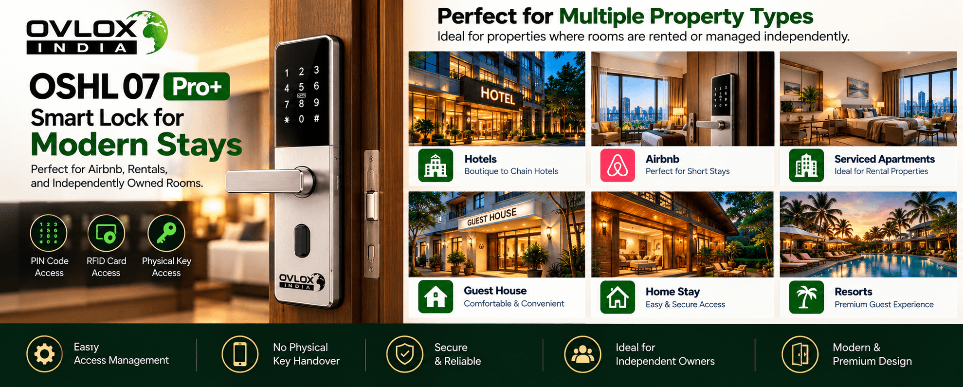 Ovlox India OSHL 07 Pro+ — Smart Lock for Modern Stays. Perfect for Airbnb, rentals and independently owned rooms: PIN code, RFID card and physical key access. Perfect for hotels, Airbnb, serviced apartments, guest houses, home stays and resorts.