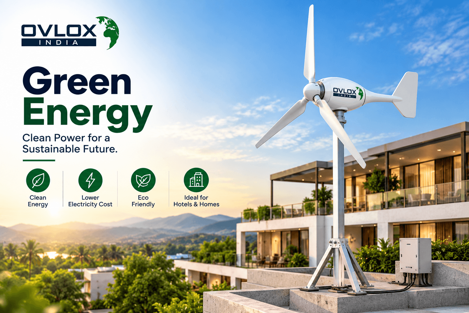 An Ovlox India home wind turbine on the roof terrace of a modern building, hills behind.