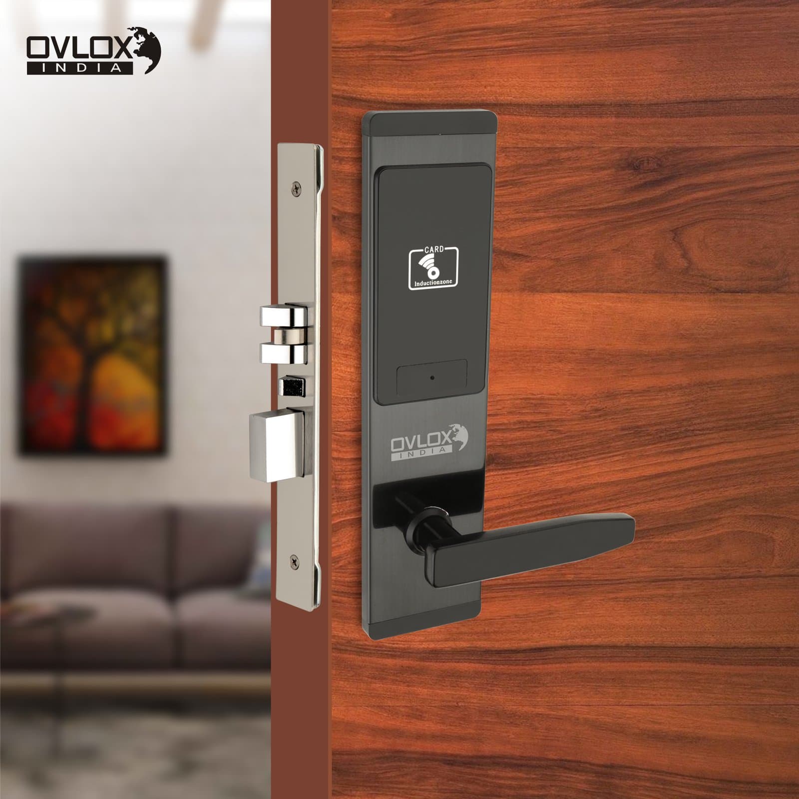 An Ovlox India card-access hotel lock on a wooden guest-room door.
